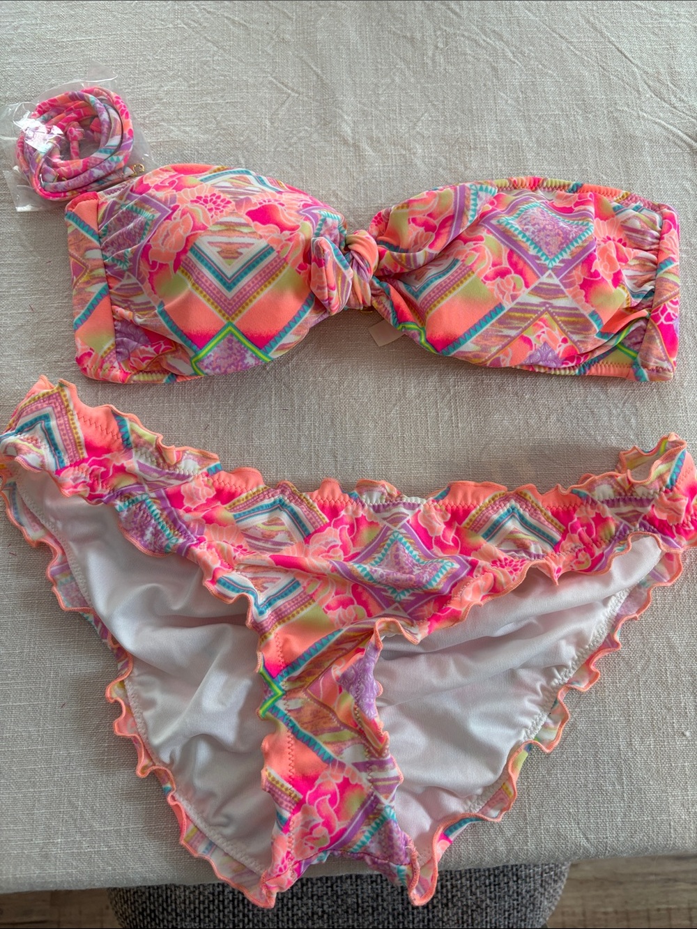 Victoria's Secret Neon Pink Coral Multicolor Bandeau Bikini. M-top, S-bottom